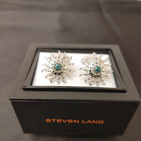 STEVEN LAND CUFFLINKS SET A AZTEC SUN SHAPED SAPPHIRE CRYSTAL GEMSTONES SILVER. - Picture 1 of 2